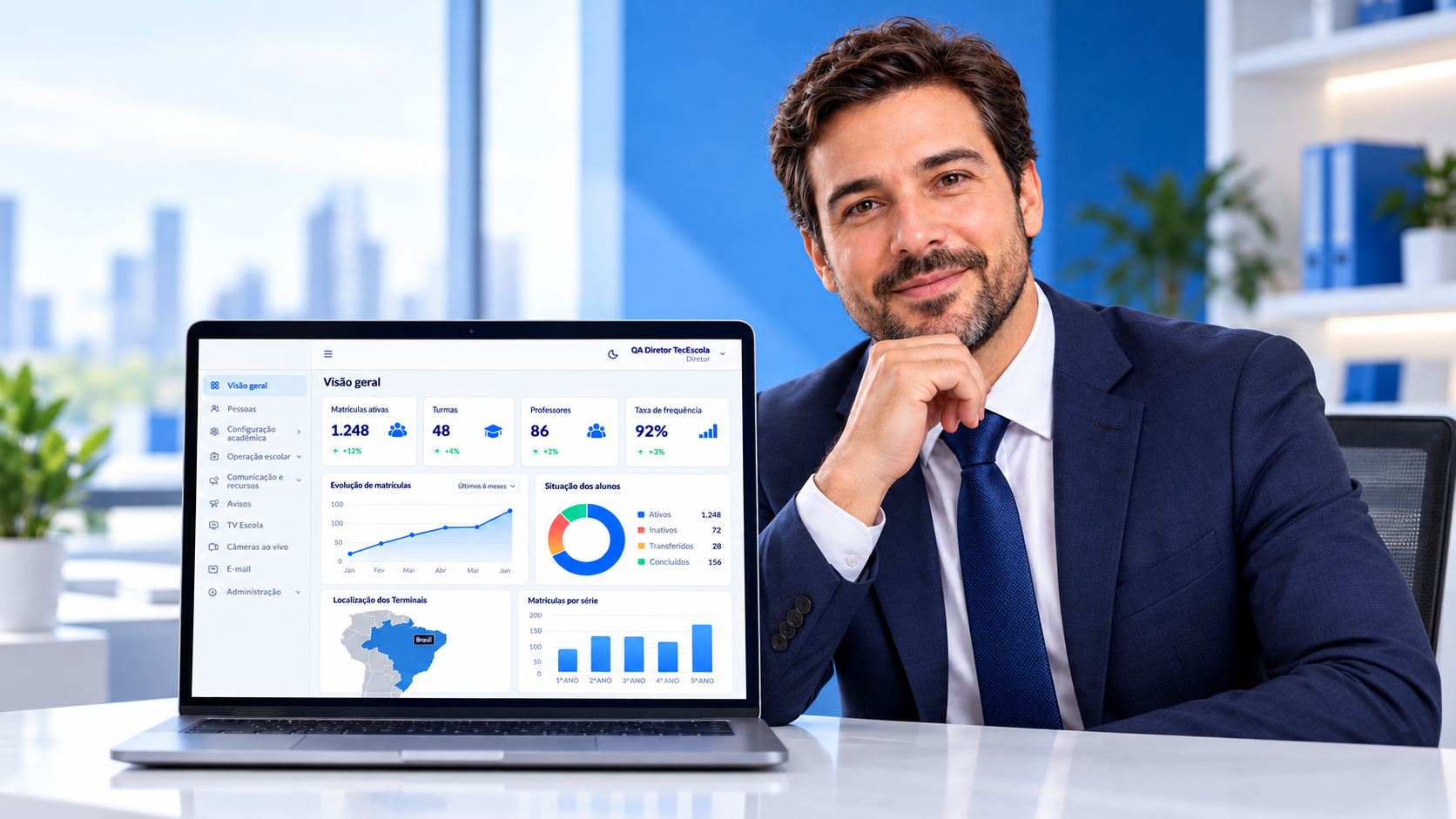 Diretor apresentando um notebook com indicadores e gráficos do dashboard Tec Escola