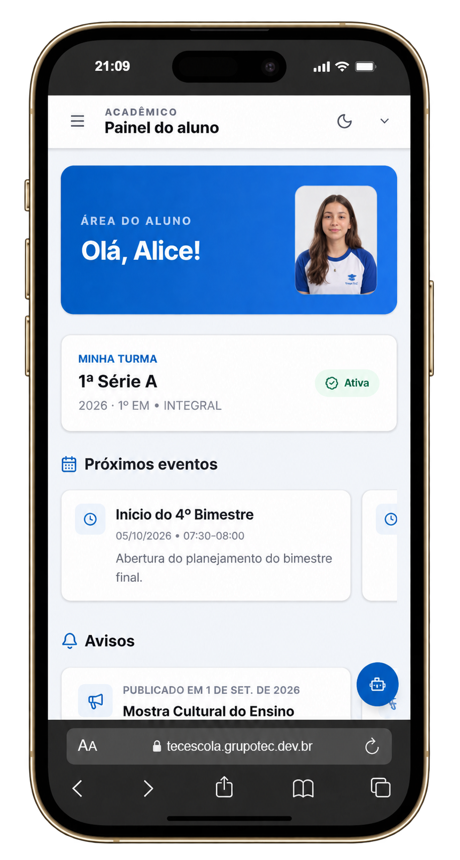Painel do aluno no celular