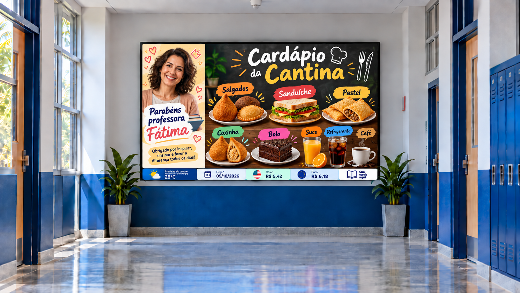 TV Escola exibindo o cardápio da cantina e uma homenagem à professora Fátima