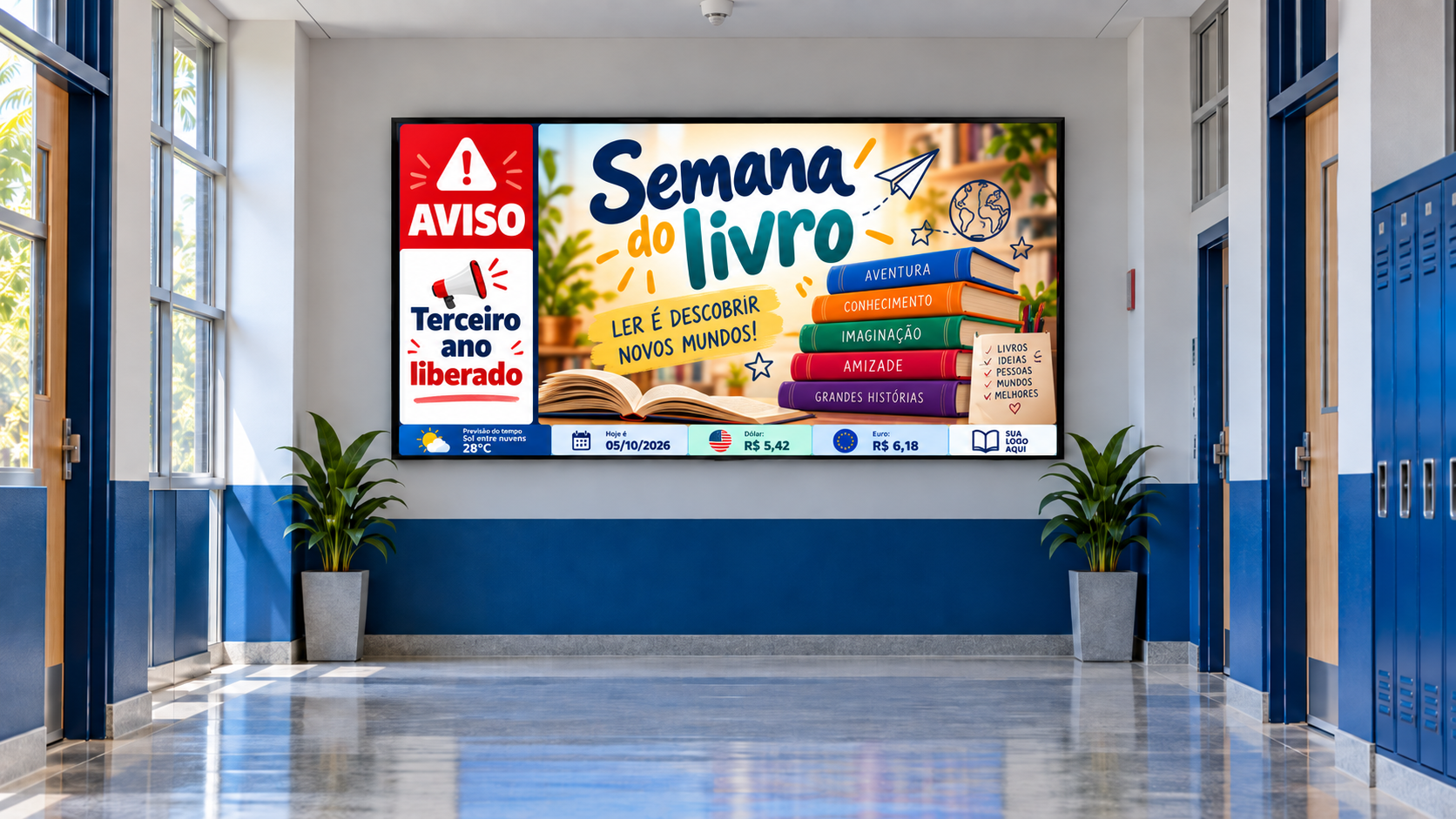 TV Escola exibindo um aviso sobre a Semana do Livro